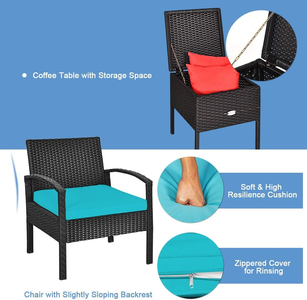 HAPPYGRILL 3 Piece Patio Furniture Set Rattan Wicker Sofa Set with Removable Cushions and Coffee Table, Outdoor Conversation Bistro Chairs Set with Storage Table for Garden Poolside Balcony