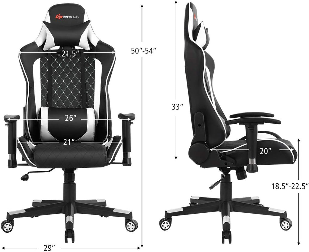 Goplus Massage Gaming Chair, Reclining Backrest Handrails and Seat Height Adjustment Racing Computer Office Chair, Ergonomic High Back Embroidered PU Swivel Game Chair with Headrest and Lumbar Cushion