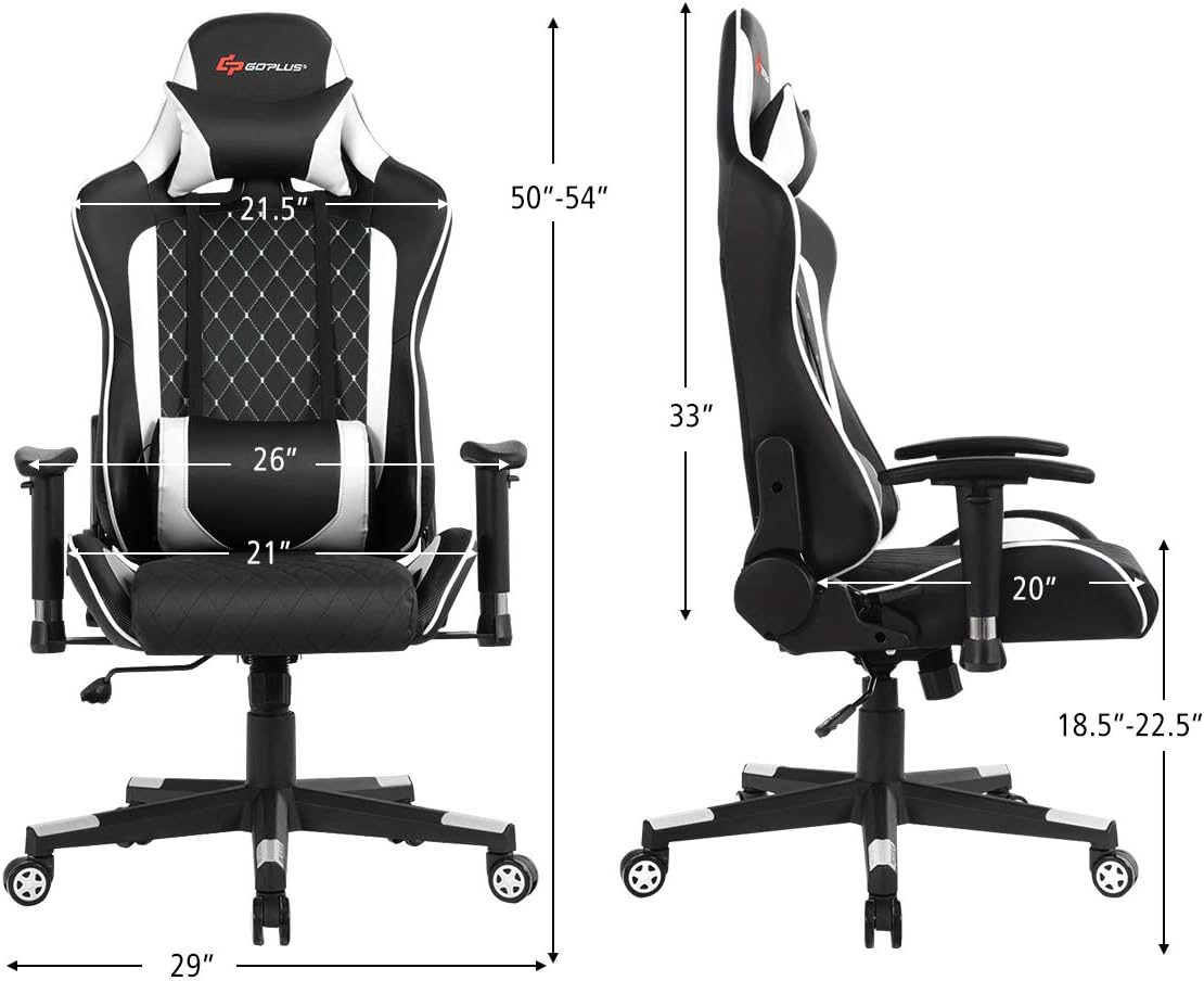 Goplus Massage Gaming Chair, Reclining Backrest Handrails and Seat Height Adjustment Racing Computer Office Chair, Ergonomic High Back Embroidered PU Swivel Game Chair with Headrest and Lumbar Cushion