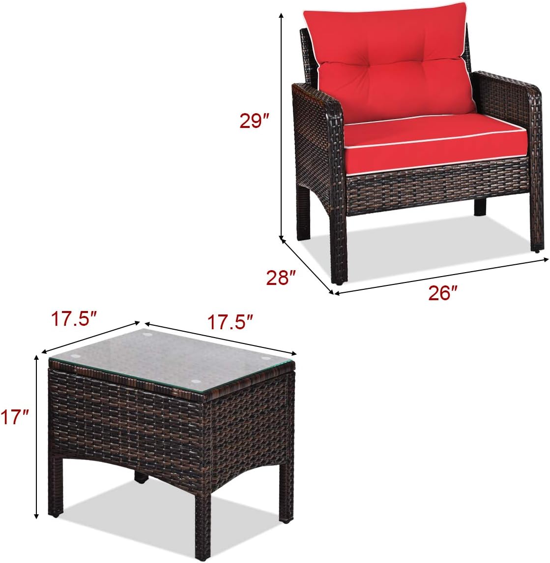 HAPPYGRILL 3 Pieces Patio Furniture Set Outdoor Rattan Wicker Coffee Table & Chairs Set with Seat Cushions Patio Conversation Set for Garden Balcony Backyard Poolside
