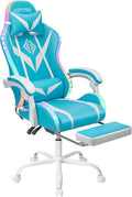 RGB Gaming Chair with Bluetooth Speakers and LED Lights Cute Massage Computer Gaming Chair with Footrest Video Game Chairs for Adults Sky Blue