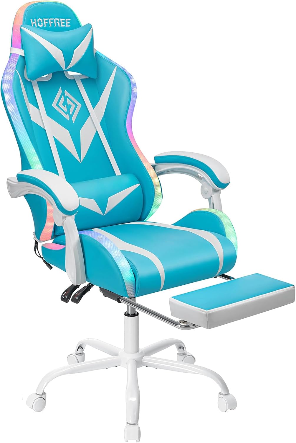 RGB Gaming Chair with Bluetooth Speakers and LED Lights Cute Massage Computer Gaming Chair with Footrest Video Game Chairs for Adults Sky Blue