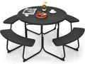 Giantex Picnic Table Set for Up to 8 Persons, Round Outdoor Table and Bench Set with Umbrella Hole, HDPE Top & Metal Frame, 2000LBS Capacity, Patio Table Bench for Deck Backyard Garden (Black)