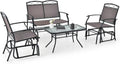 Giantex 4 PCS Outdoor Glider Chairs Set - Patio Furniture Set with Tempered Glass Table, Heavy-Duty Metal Frame, Gliding Rocking Chair, Conversation Set for Front Porch, Yard, Poolside (4 PCS, Brown)