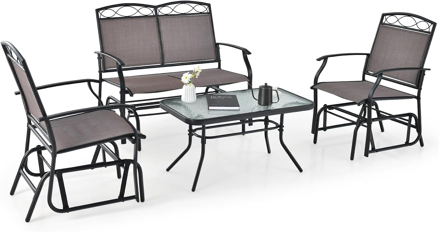 Giantex 4 PCS Outdoor Glider Chairs Set - Patio Furniture Set with Tempered Glass Table, Heavy-Duty Metal Frame, Gliding Rocking Chair, Conversation Set for Front Porch, Yard, Poolside (4 PCS, Brown)