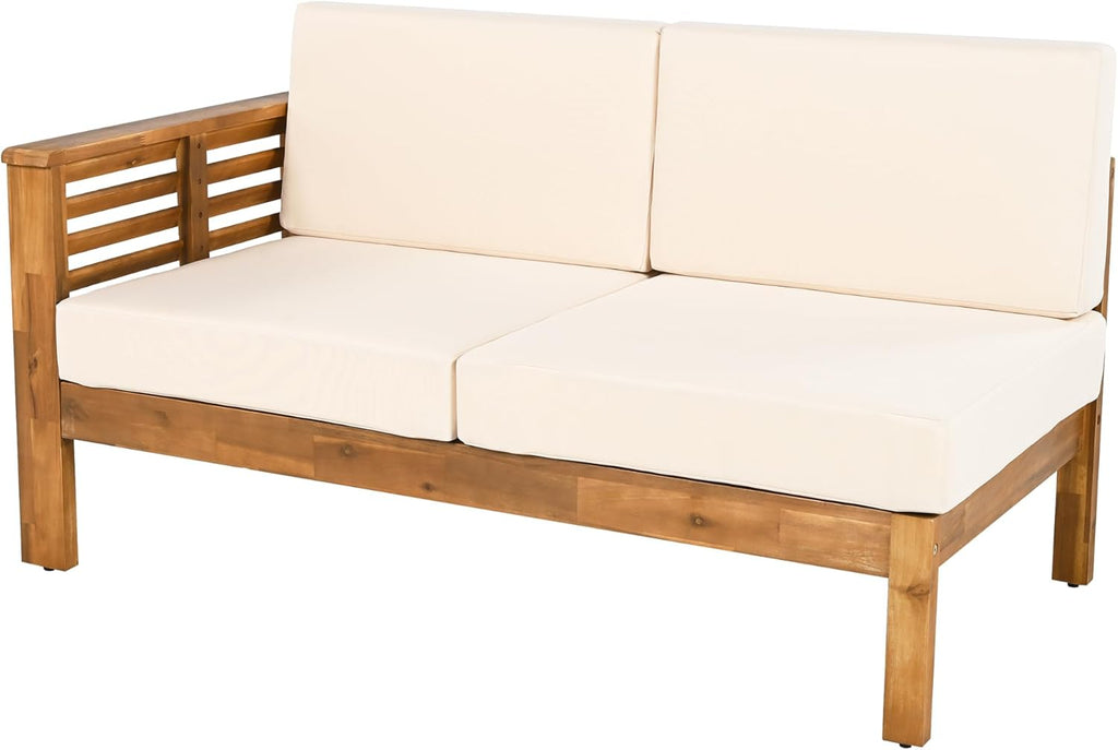Christopher Knight Home Havets 81.25' Sectional L Shaped Sofa, 4 Pieces Acacia Wood Patio Furniture Set, Slat Coffee Table, Spacious Seat and Table Set for Backyard Garden Balcony, Teak+Beige