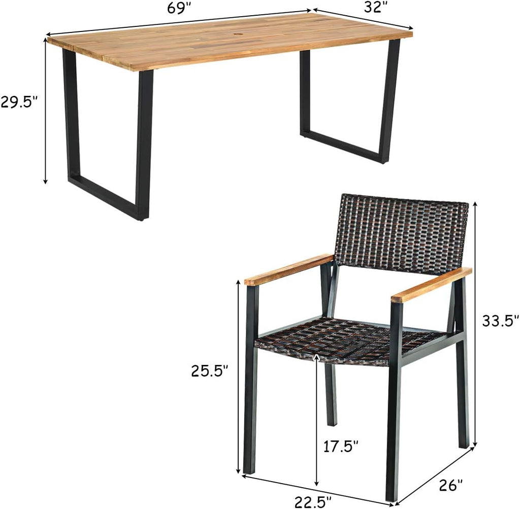 Tangkula 7 Pieces Outdoor Dining Set, Patented Patio Furniture Set w/Large Rectangle Acacia Wood Table Top, Rattan Chairs with Steel Frame, Umbrella Hole, for Backyard Garden