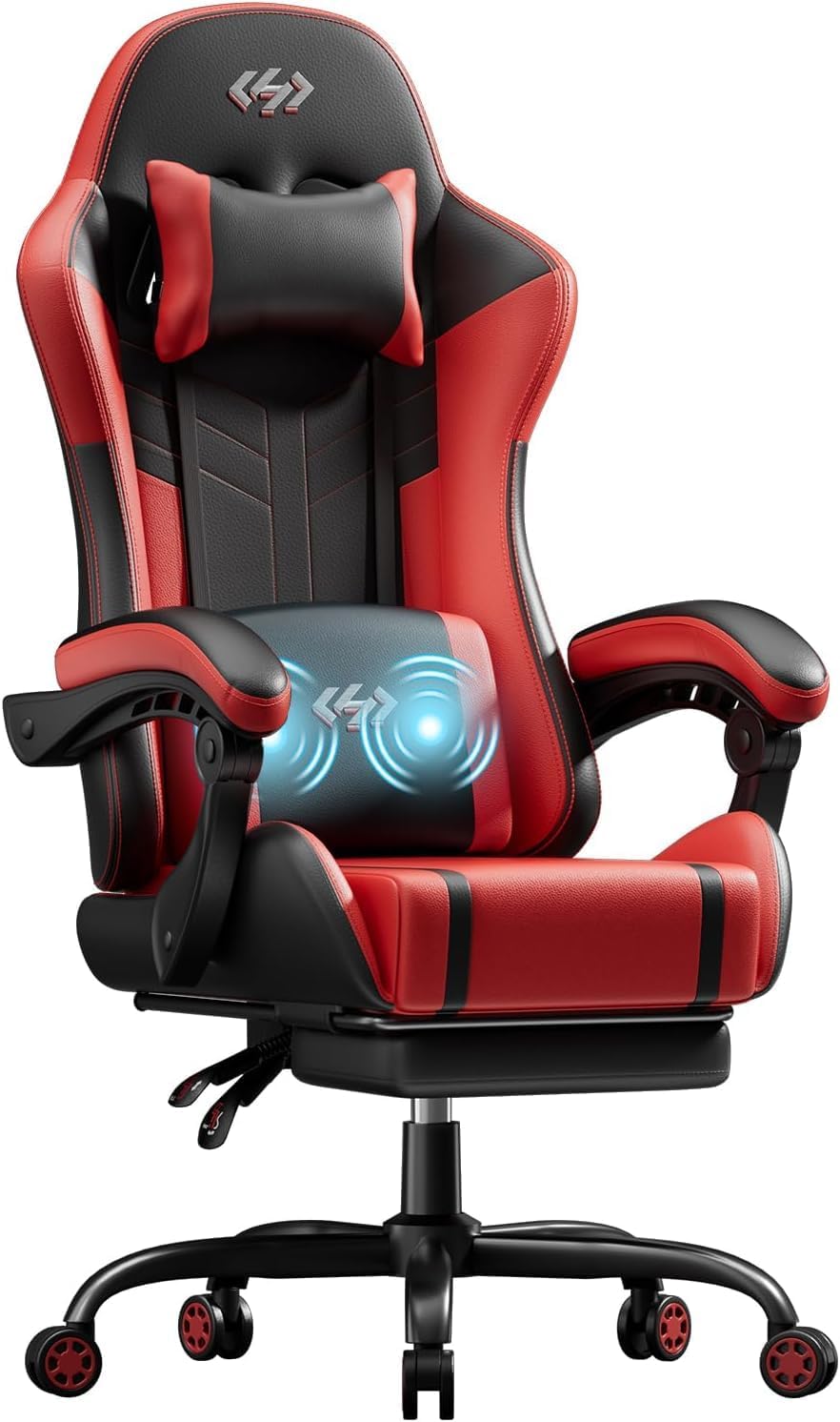 HLDIRECT Gaming Chair, Ergonomic Video Game Seat with 360° Swivel & Lumbar Massage for Adults Home/Office Use, Computer Chair PU Leather Cushion (Black & Red)