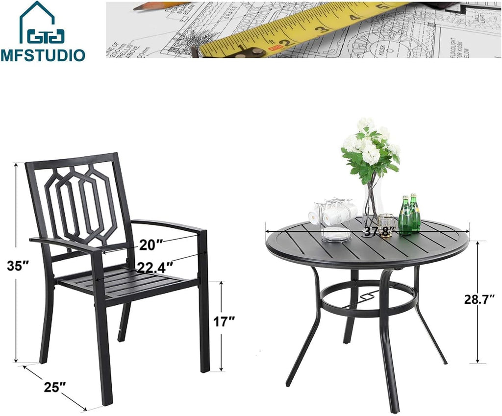 MFSTUDIO Outdoor Dining Set for 4, Round Patio Table and Chairs Set with Umbrella Hole, 5 Piece Patio Furniture Set for Deck, Backyard, Poolside & Garden
