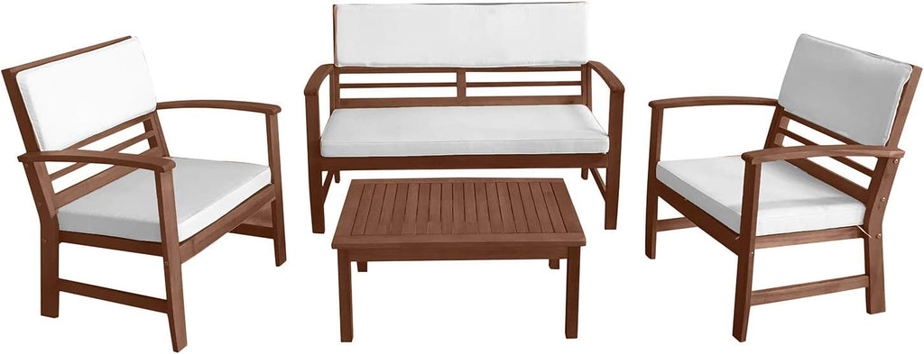 FDW 4-Piece Patio Conversation Set Acacia Wood Outdoor Sofa & Chairs with Coffee Table, Water-Resistant Cushions for Backyard, Garden, Balcony, Porch, Deck, Poolside, Beach Chat Set