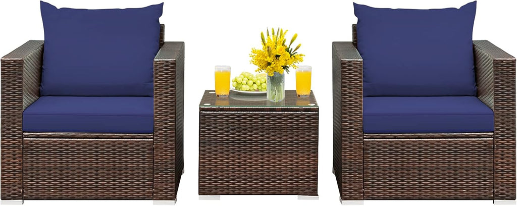 HAPPYGRILL 3-Piece Patio Furniture Set PE Rattan Wicker Sofa Set with Cushions and Coffee Table Outdoor Patio Conversation Set for Garden Poolside Balcony