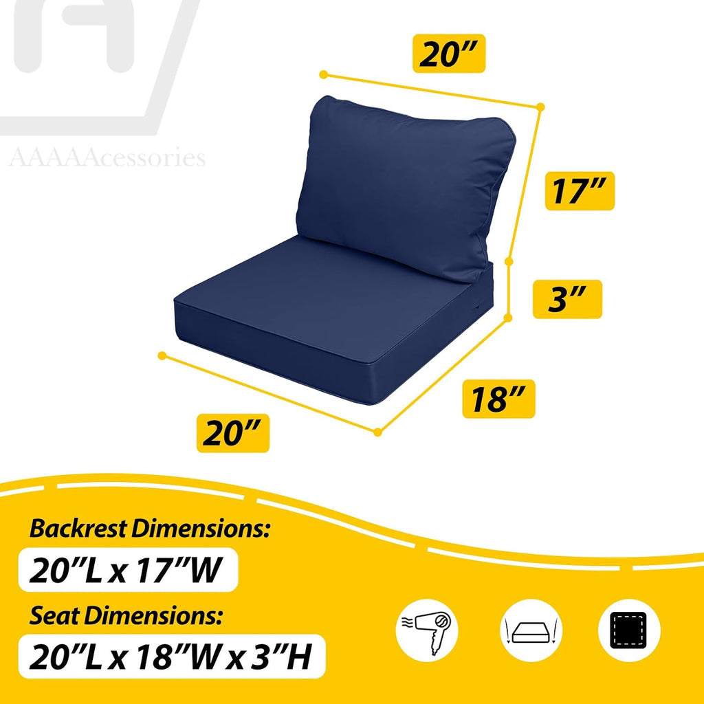 AAAAAcessories Outdoor Seat Cushions for Chairs, Fade-Resistant, Waterproof Patio Furniture Replacement Cushions, 20' x 18' x 3' + 20' x 17', Set of 4, Navy Blue