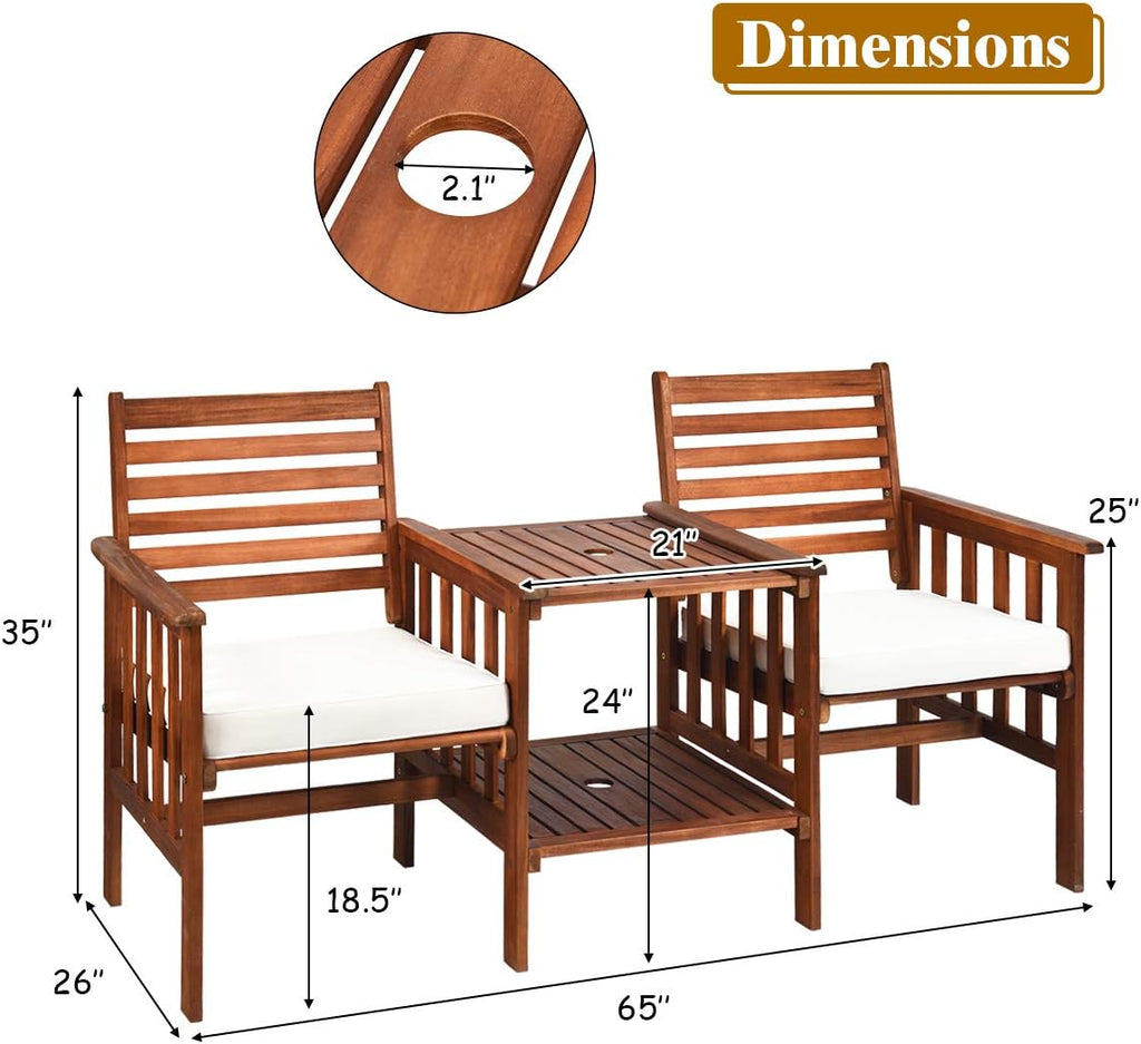 Tangkula Acacia Wood Loveseat, 3pcs Outdoor Table Chairs Set, Patio Conversation Set w/Coffee Table and Soft Cushions, 2.1-inch Umbrella Hole, 2-Seater Furniture Set (White)
