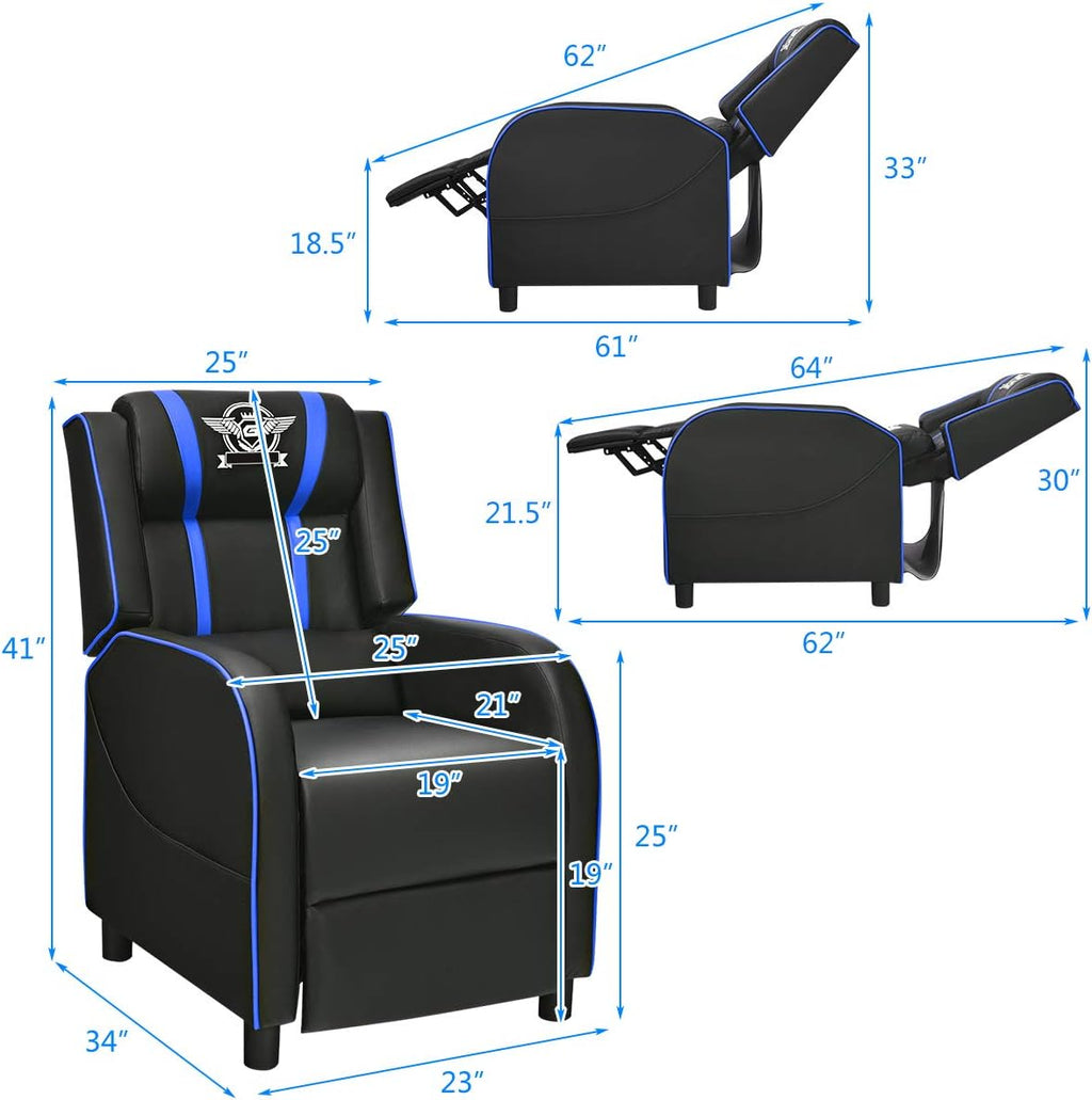 Giantex Gaming Recliner Chair, Adjustable Massage Gaming Chairs for Adults, Ergonomic Comfortable Lounge Leather Sofa w/Footrest, Remote Control & Side Pocket, Racing Style Single Sofa Recliners, Blue