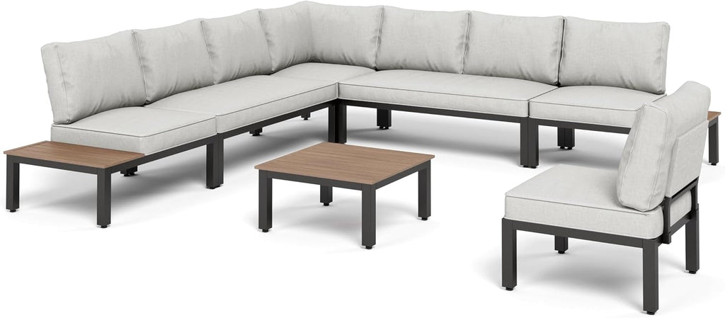 PHI VILLA 7 Pieces Outdoor Patio Furniture Set,Metal Frame Modern Outdoor Sectional Sofa Set,8 Seats Patio Conversation Sets with Coffee Table&Thickened Cushion,for Poolside and Backyard,Light Grey