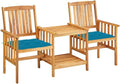 vidaXL Farmhouse Style Patio Chairs with Tea Table and Cushions - Solid Acacia Wood Bistro Set in Blue, Features Shelf for Storage, Requires Assembly