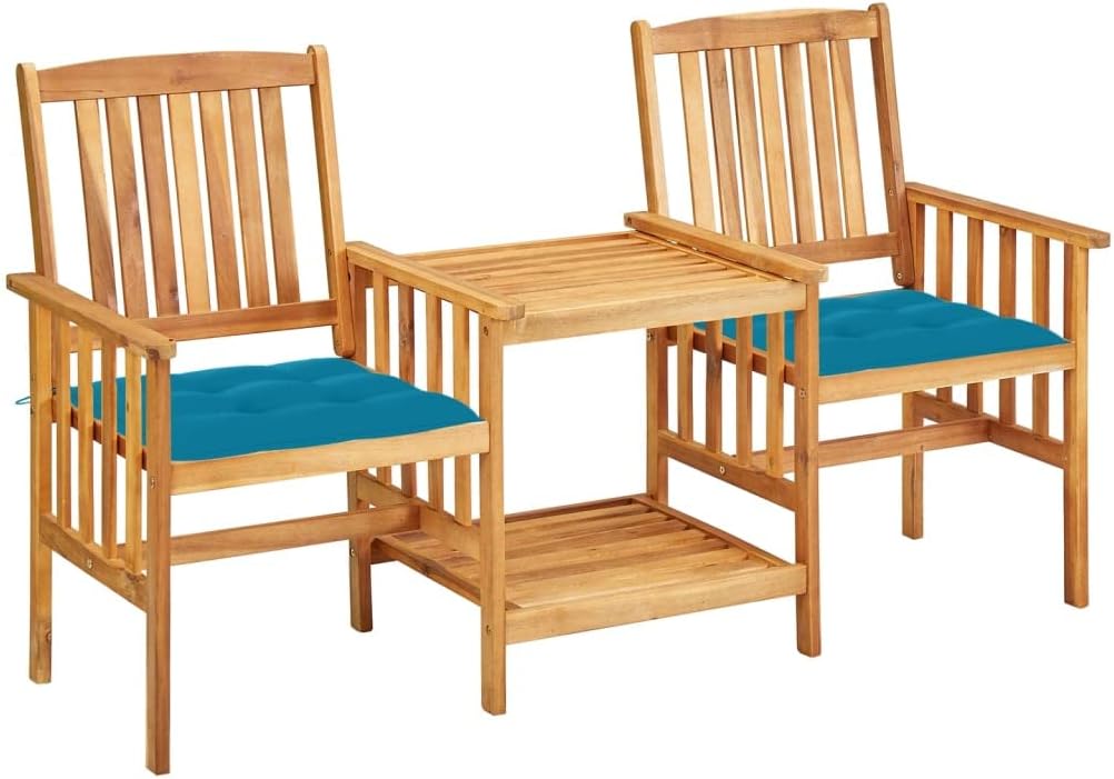 vidaXL Farmhouse Style Patio Chairs with Tea Table and Cushions - Solid Acacia Wood Bistro Set in Blue, Features Shelf for Storage, Requires Assembly