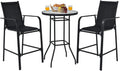 Tangkula 3 Pieces Outdoor Patio Bar Set, Outdoor Bistro Set with 2 Bar Stools and 1 Tempered Glass Bar Table, Bar Height Patio Table and Stools Set for Backyard, Garden, Lawn (Black)