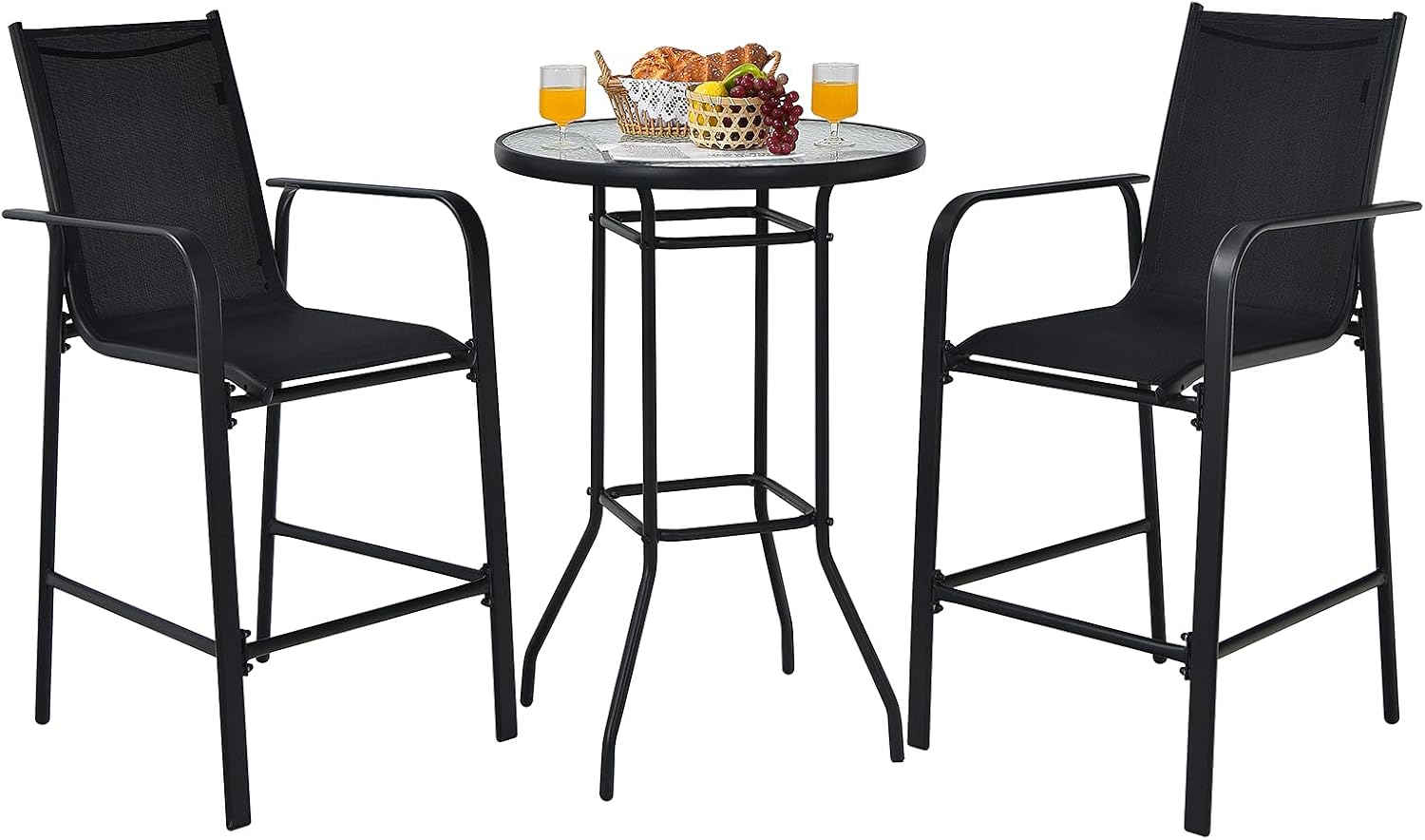 Tangkula 3 Pieces Outdoor Patio Bar Set, Outdoor Bistro Set with 2 Bar Stools and 1 Tempered Glass Bar Table, Bar Height Patio Table and Stools Set for Backyard, Garden, Lawn (Black)