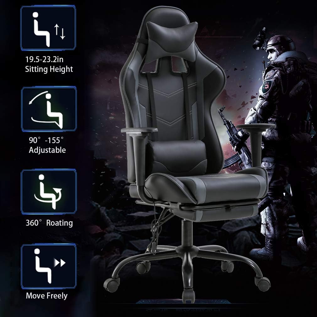 BestOffice Ergonomic Gaming Chair, Grey, Adjustable, Vibration, Faux Leather