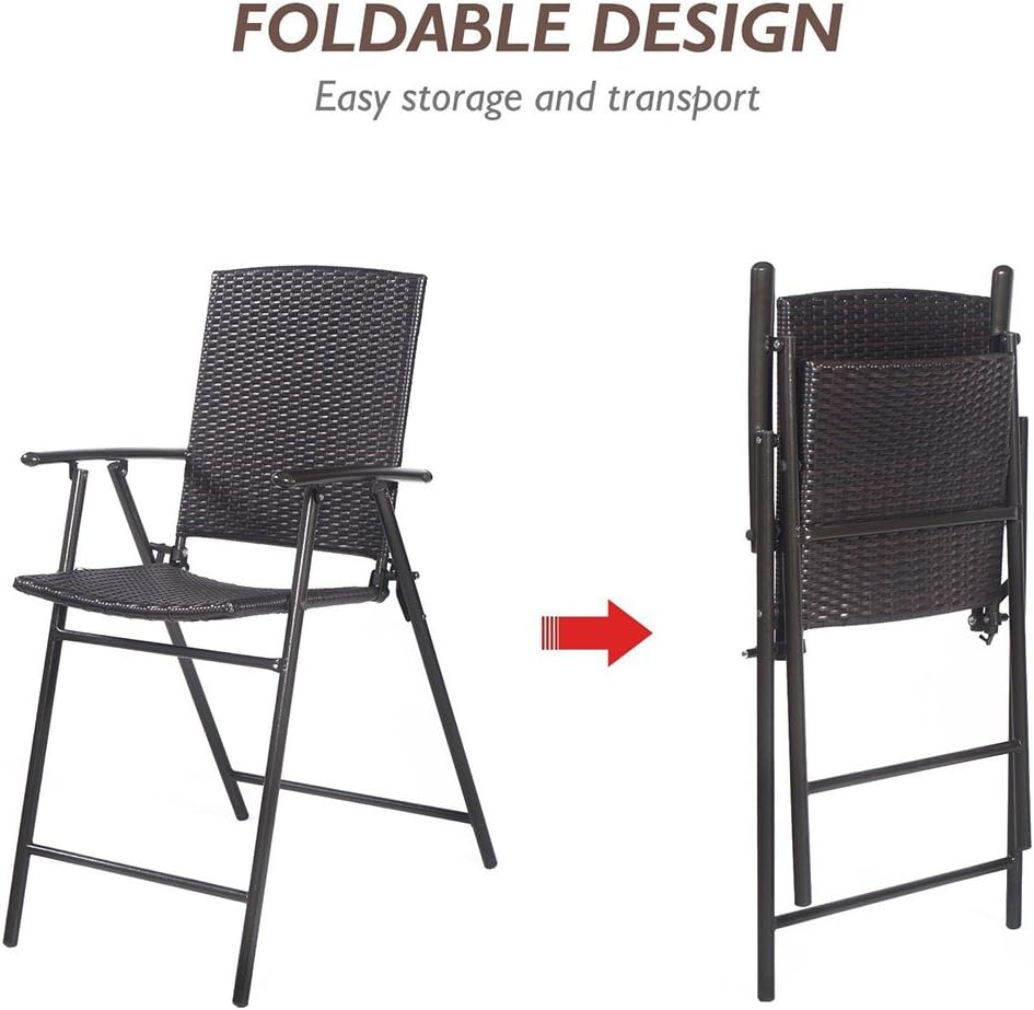 Giantex Set of 4 Folding Wicker Rattan Bar Chairs High Stool with Back Steel Frame Portable Outdoor Indoor UV Resistant Barstools Garden Patio Furniture Set w/Armrests Footrest