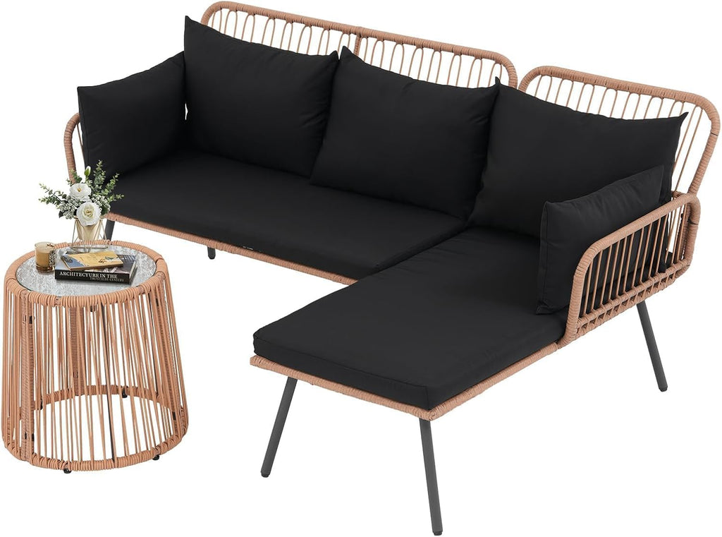 Verano Garden Outdoor Patio Furniture Set, 3 Piece Wicker Rattan Outdoor Balcony Furniture Set, L-Shaped Patio Conversation Sofa Set with Cushions and Round Glass Table (Black, 3PCS)