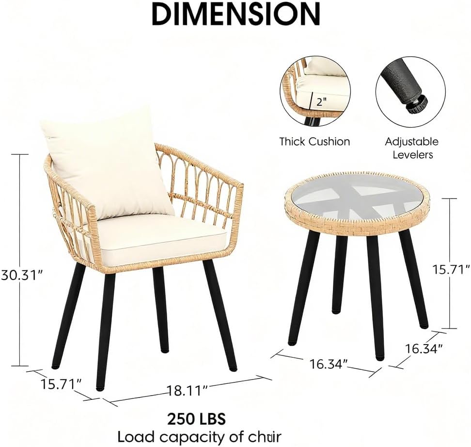 PORWEY 3 Piece Patio Bistro Set, Outdoor Wicker Furniture with Comfortable Cushions, Glass Top Table & 2 Rattan Chairs for Balcony, Apartment, Backyard, Porch, Deck, Beige