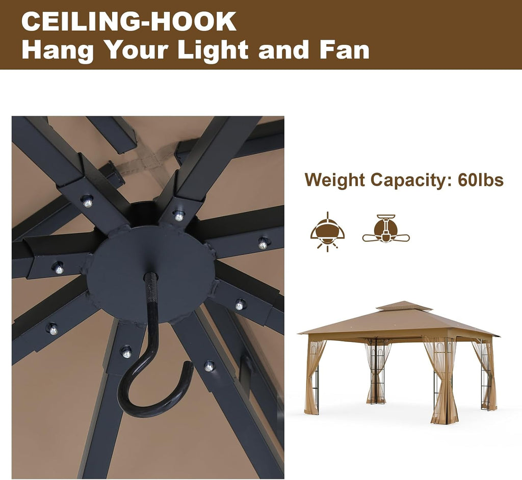Outdoor Gazebo with Mosquito Netting 13x11 at Top and 12x10 at Base, Double Tier Roof Patio Gazebo Pavilion for Backyards, Patio, Garden and Lawn, Brown