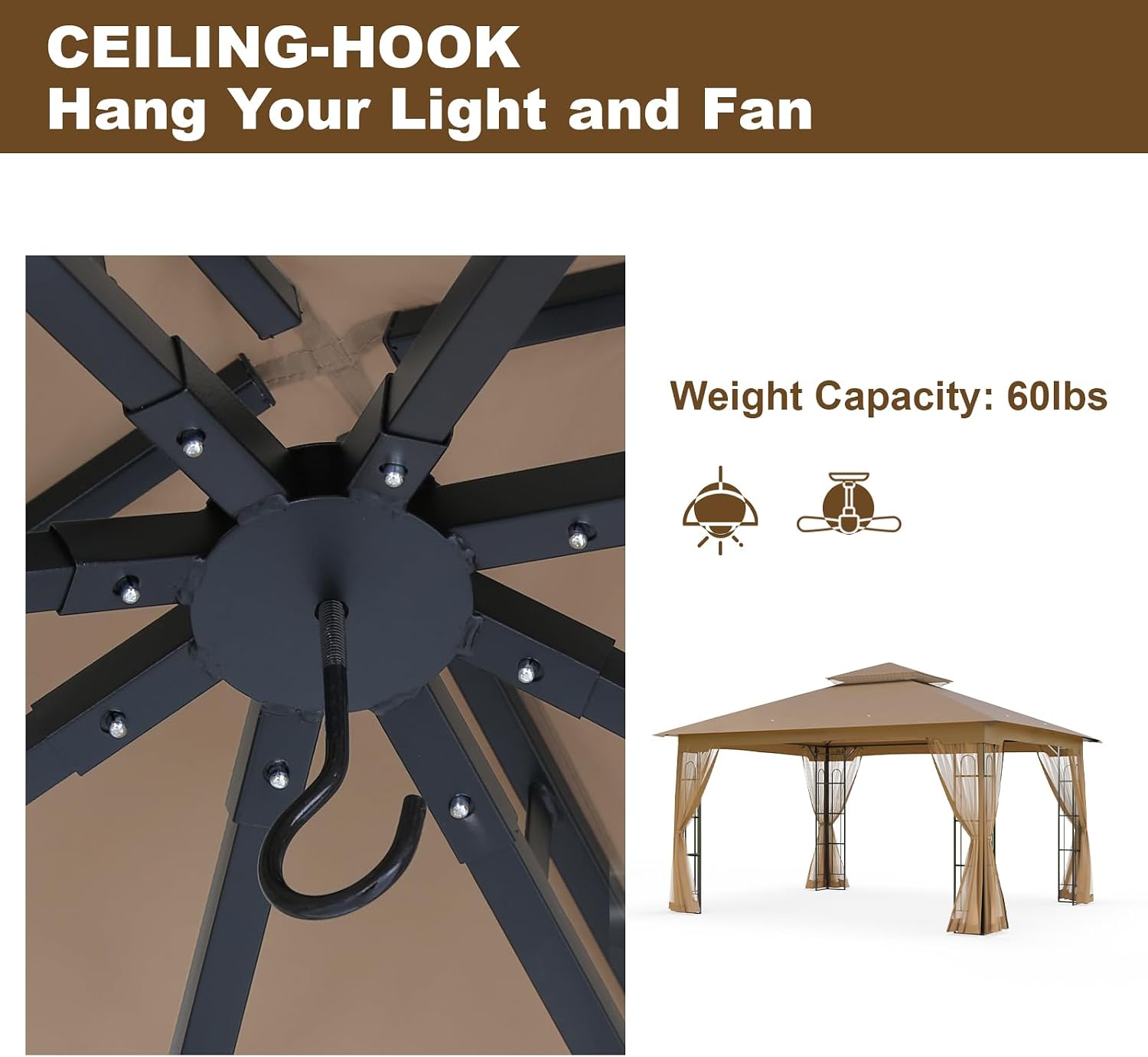 Outdoor Gazebo with Mosquito Netting 13x11 at Top and 12x10 at Base, Double Tier Roof Patio Gazebo Pavilion for Backyards, Patio, Garden and Lawn, Brown