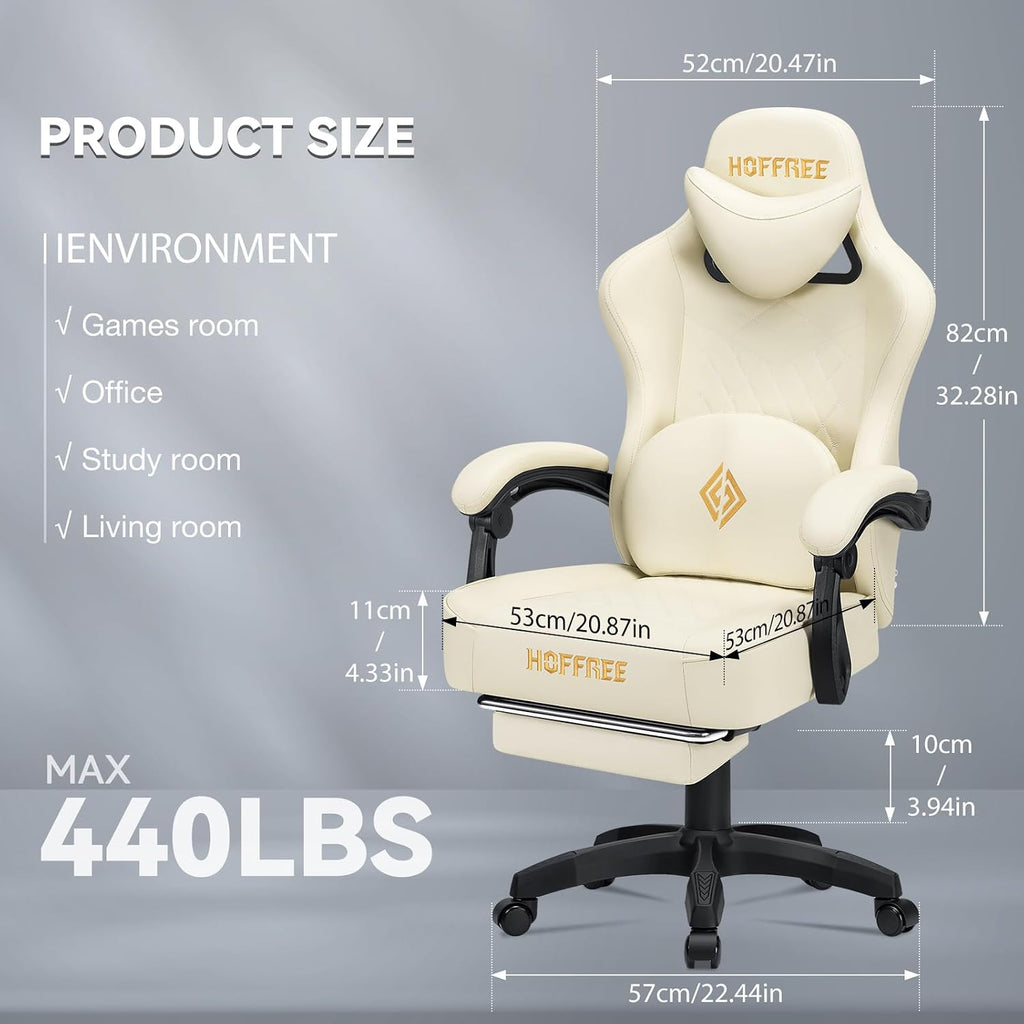 HOFFREE Gaming Chair with Speakers Massage Computer Gaming Chair with Pocket Spring Cushion for Adults Reclining Gamer Chair with Bluetooth Video Game Chairs with Footrest Ivory