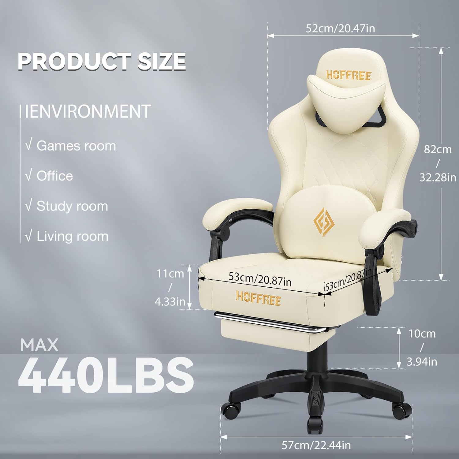 HOFFREE Gaming Chair with Speakers Massage Computer Gaming Chair with Pocket Spring Cushion for Adults Reclining Gamer Chair with Bluetooth Video Game Chairs with Footrest Ivory