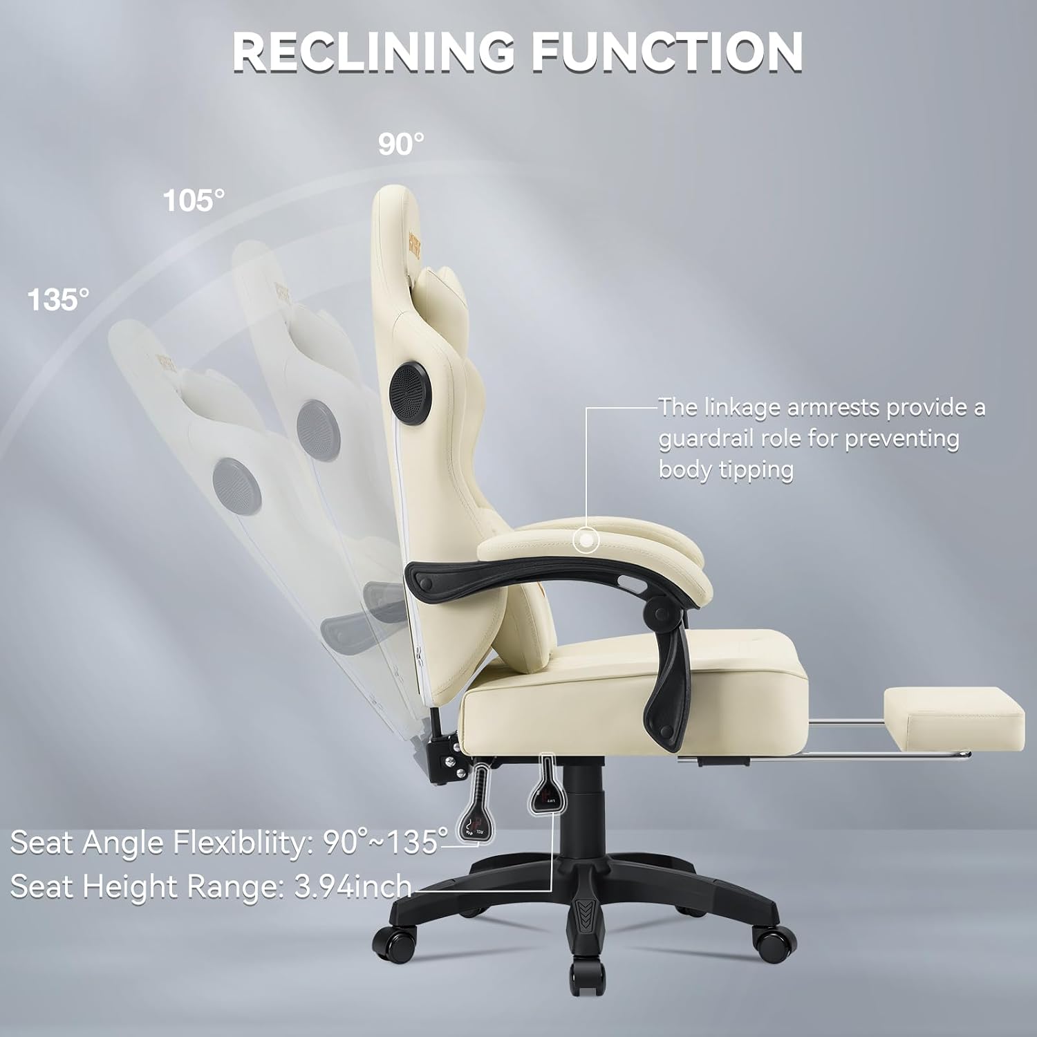 HOFFREE Gaming Chair with Speakers Massage Computer Gaming Chair with Pocket Spring Cushion for Adults Reclining Gamer Chair with Bluetooth Video Game Chairs with Footrest Ivory