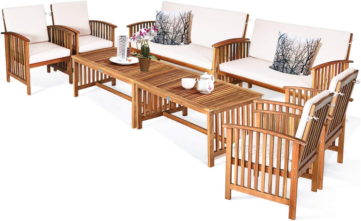 Tangkula Outdoor 8 Pcs Acacia Wood Sofa Set w/Water Resistant Cushions, Padded Patio Seating Chat Set w/Coffee Table for Garden, Backyard, Poolside (2, White)