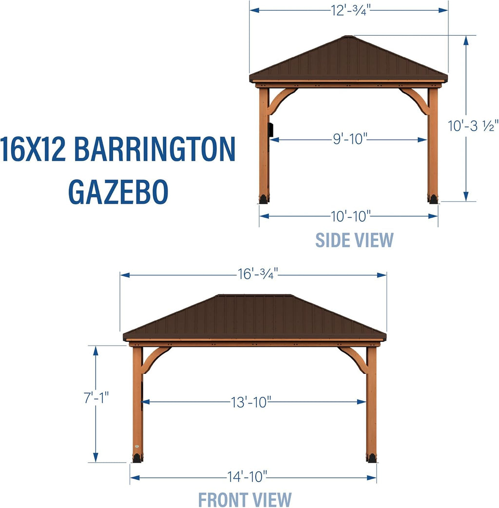 Backyard Discovery Barrington 16' x 12' Cedar Wood Outdoor Gazebo Pavilion with Hardtop Galvanized Steel Hip Roof, Snow Support, Wind Resistance, PowerPort, Shade for Garden, Patio, Deck, Entertaining