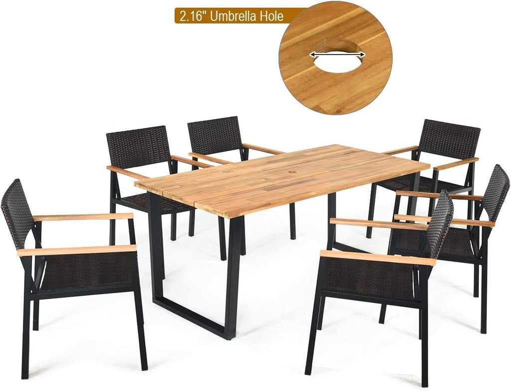 Tangkula 7 Pieces Outdoor Dining Set, Patented Patio Furniture Set w/Large Rectangle Acacia Wood Table Top, Rattan Chairs with Steel Frame, Umbrella Hole, for Backyard Garden