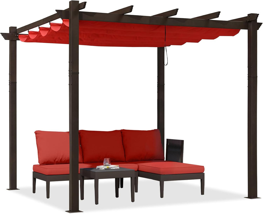 PURPLE LEAF 10' X 10' Retractable Metal Pergola with Canopy and Shade Cover for Garden, Yard, Deck, Beach, Terra