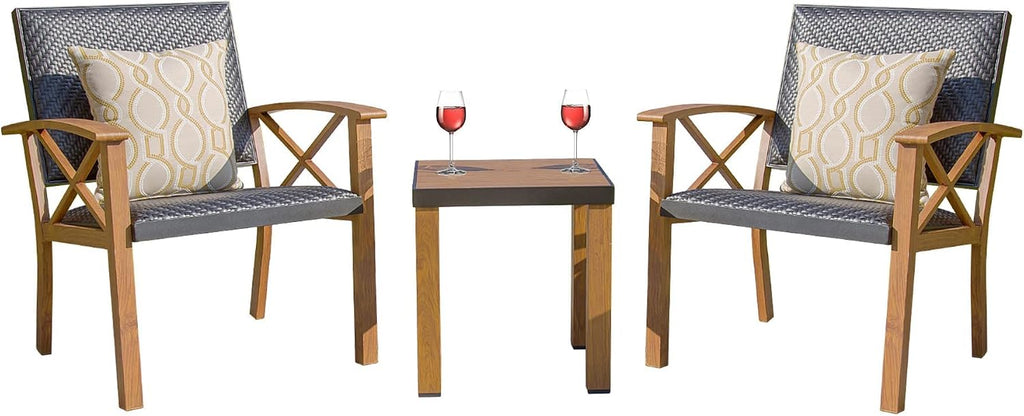 Domi Patio Bistro Set 3 Pieces with Wood Grain Aluminum Wicker Padded Porch Chairs,Coffee Table,Outdoor Conversation Set with Beige Waterproof Pillows