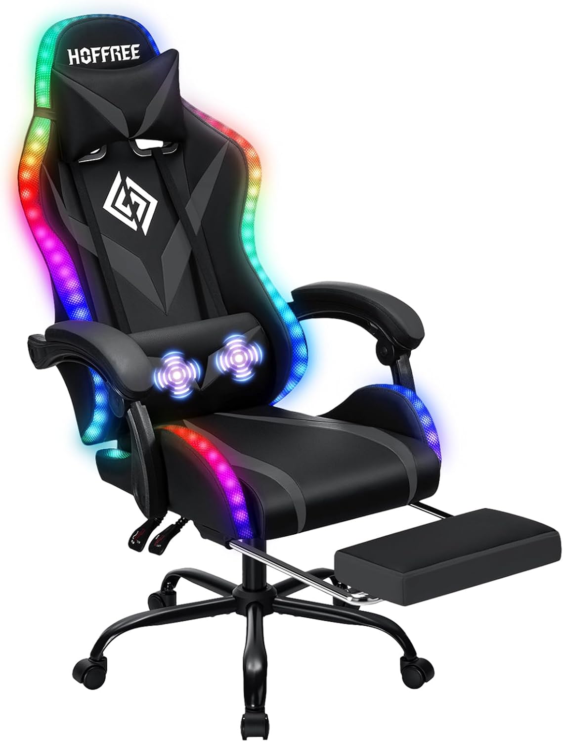 RGB Gaming Chair with Massage and LED Lights Ergonomic Video Game Chairs with Footrest High Back Reclining Computer Chair with Adjustable Lumbar Support Grey and Black