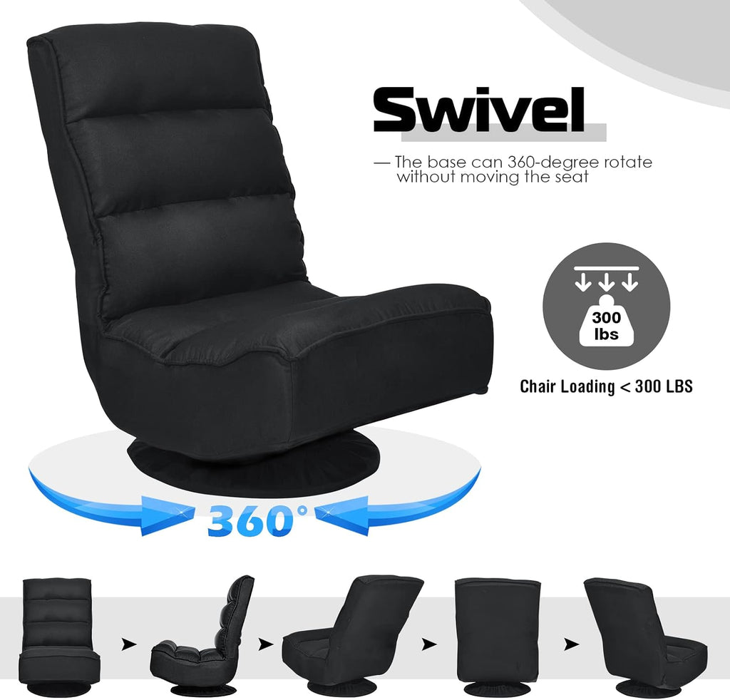 COSTWAY Folding Floor Chair, Adjustable 5-Position Video Gaming Chair with 360 Degree Swivel, Detachable Cover, Padded Backrest, Multipurpose Living Room Floor Lounger for TV, Reading, Playing (Black)