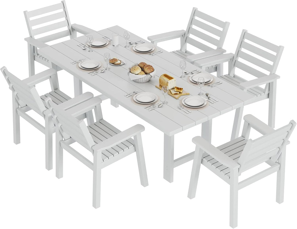 AMERLIFE 7-Piece HDPE Outdoor Dining Table Set with 6 Chairs, 71' L Patio Dining Furniture Set with Umbrella Hole, Modern Dinner Table & Chairs Set for Garden, Backyard, Poolside, White