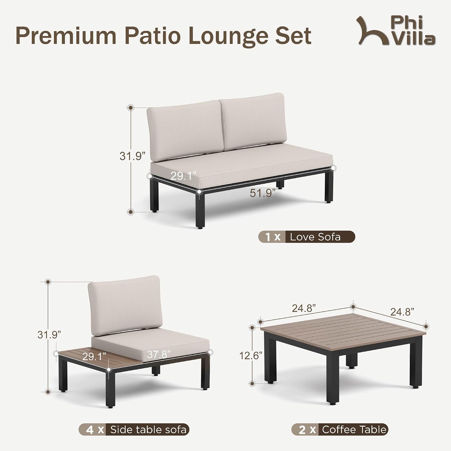 PHI VILLA 7 Pieces Outdoor Patio Furniture Set,Metal Frame Modern Outdoor Sectional Sofa Set,6 Seats Patio Conversation Sets with Coffee Table&Thickened Cushion,for Poolside and Backyard,Light Grey