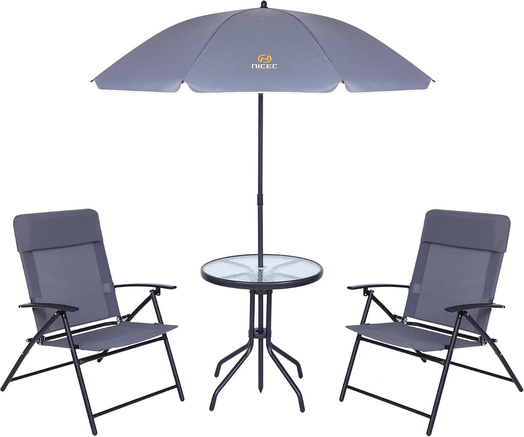Nice C Patio Set with Umbrella, Outdoor Dinning Set, Patio Furniture Set, Patio Table Chair with Umbrella, Table and Chairs, 4-Piece Garden Furniture Set, Glass Table, 2 Folding Chairs&Umbrella (Grey)