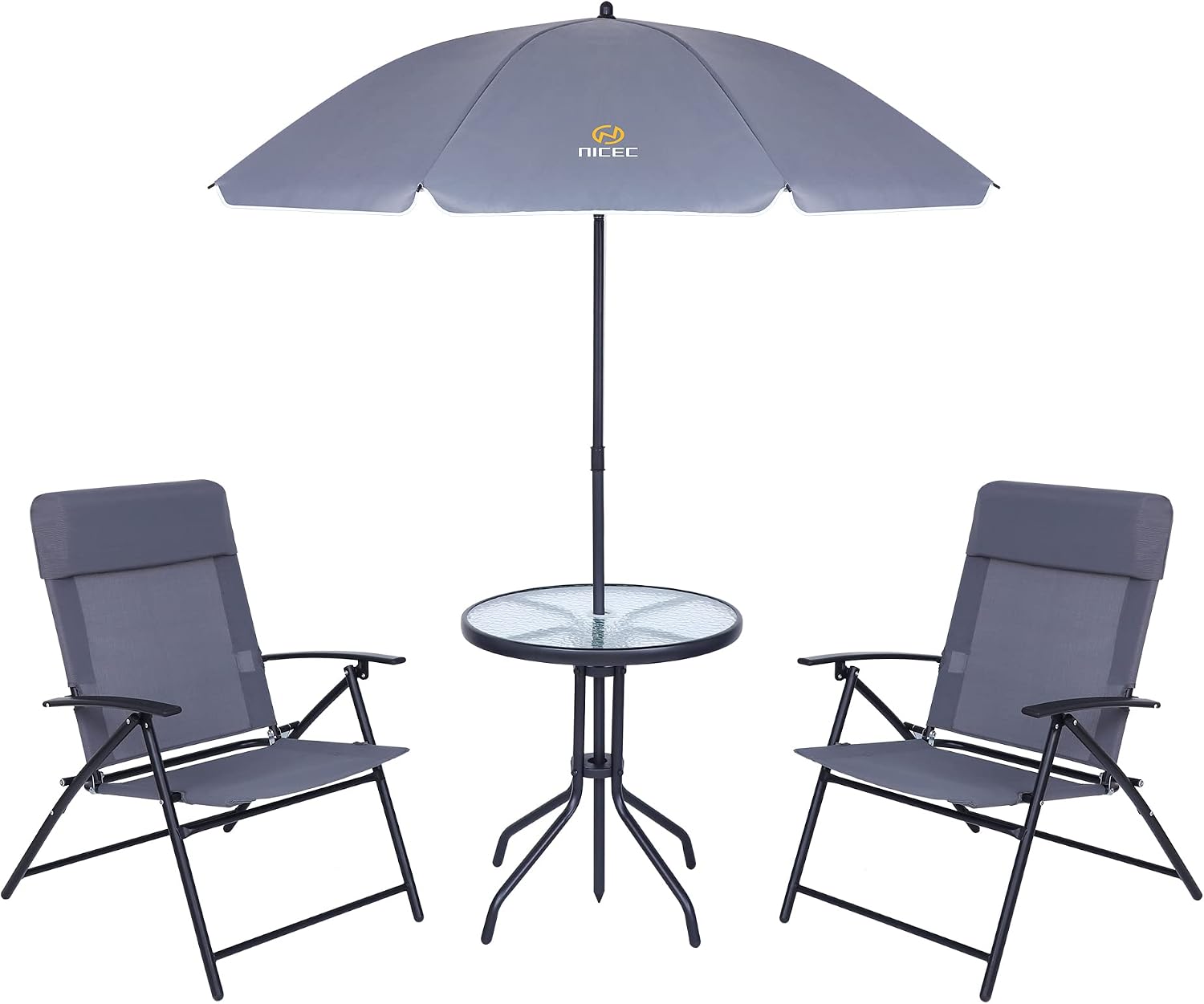 Nice C Patio Set with Umbrella, Outdoor Dinning Set, Patio Furniture Set, Patio Table Chair with Umbrella, Table and Chairs, 4-Piece Garden Furniture Set, Glass Table, 2 Folding Chairs&Umbrella (Grey)