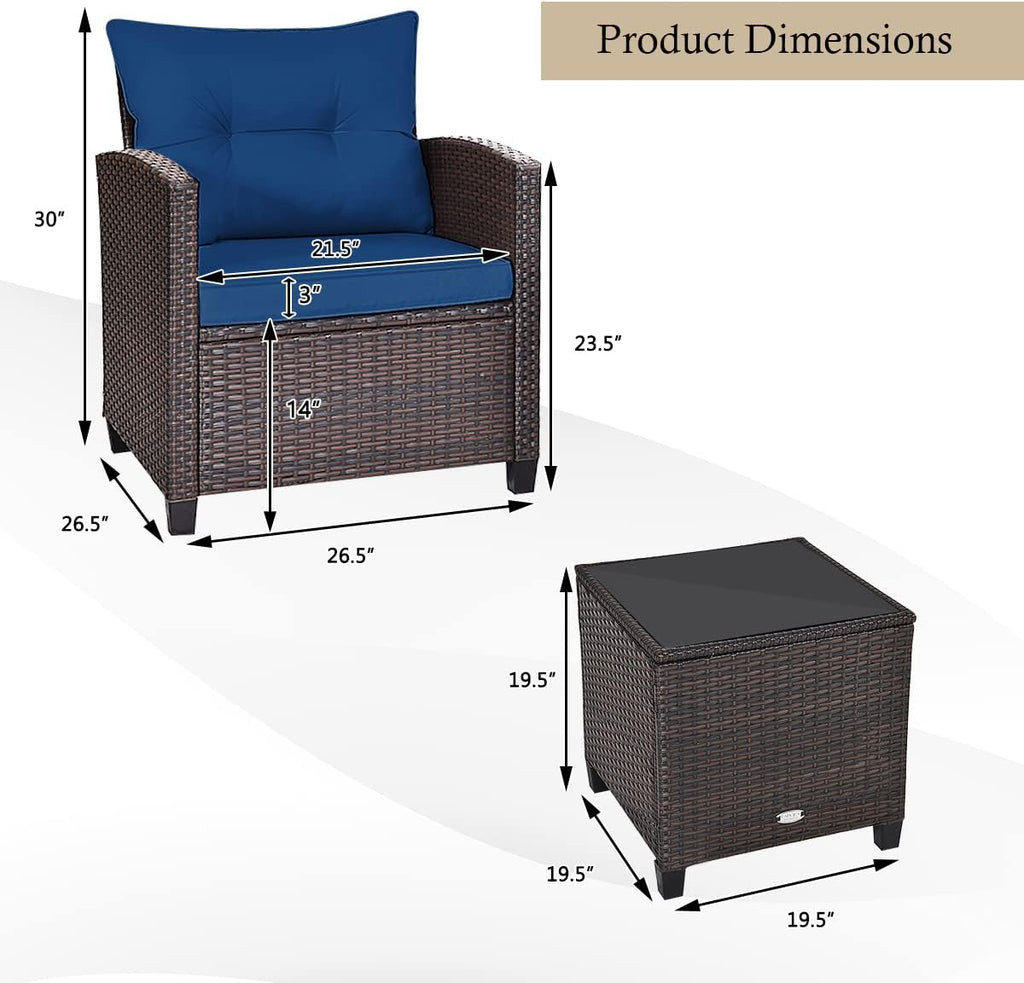 KOTEK 3 Piece Patio Furniture Set, Outdoor Conversation Set with Washable Cushions & Tempered Glass Tabletop, PE Rattan Wicker Bistro Set for Porch, Garden, Balcony (Navy Blue)