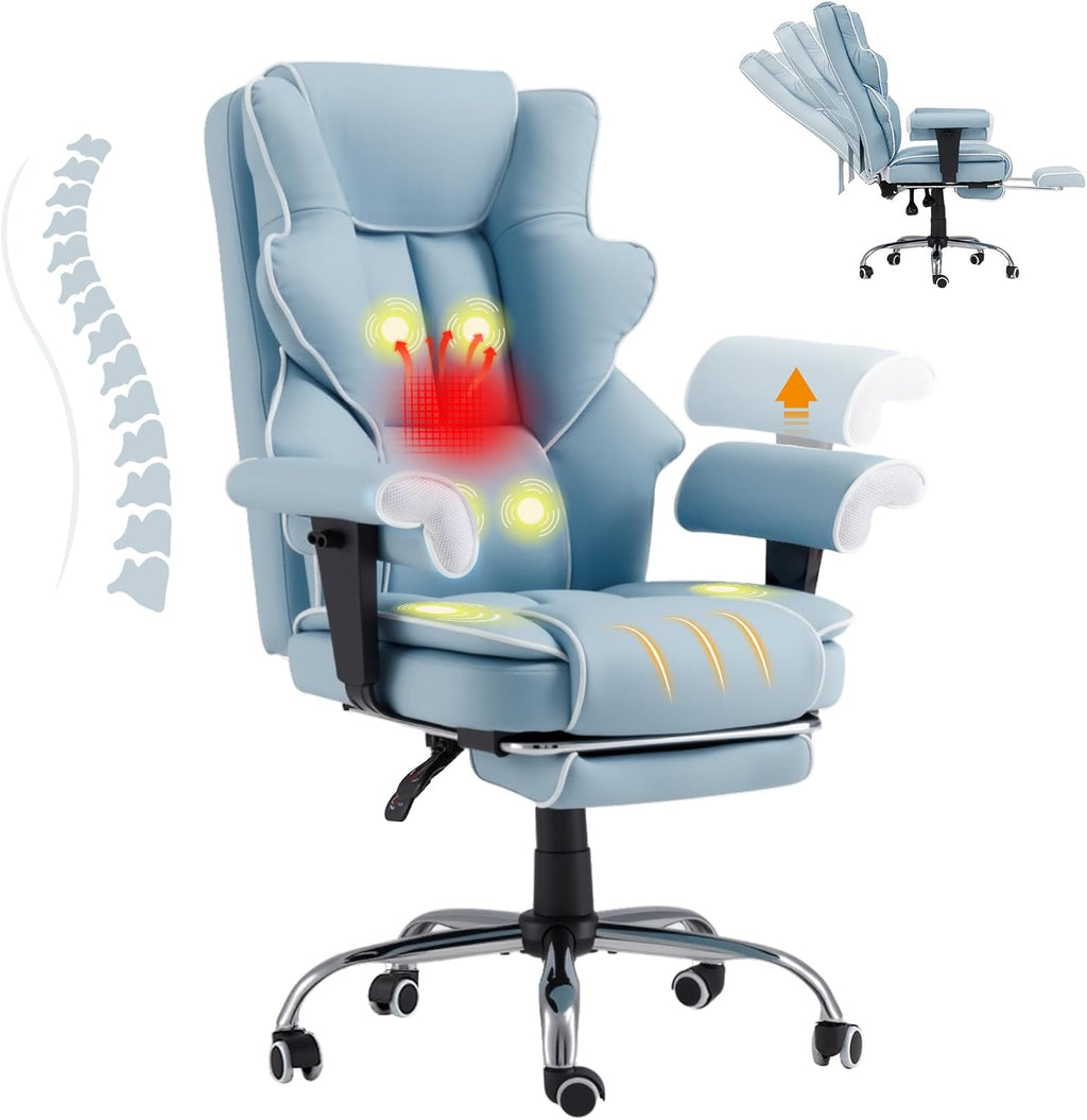 HOMREST 6-Point Massage Executive Chair,Heat Office Chair,Ergonomic Home Office Desk Chairs with Retractable Footrest and Reclining Function,Leather Computer Chair with Adjustable Armrest(‌Airy Blue)