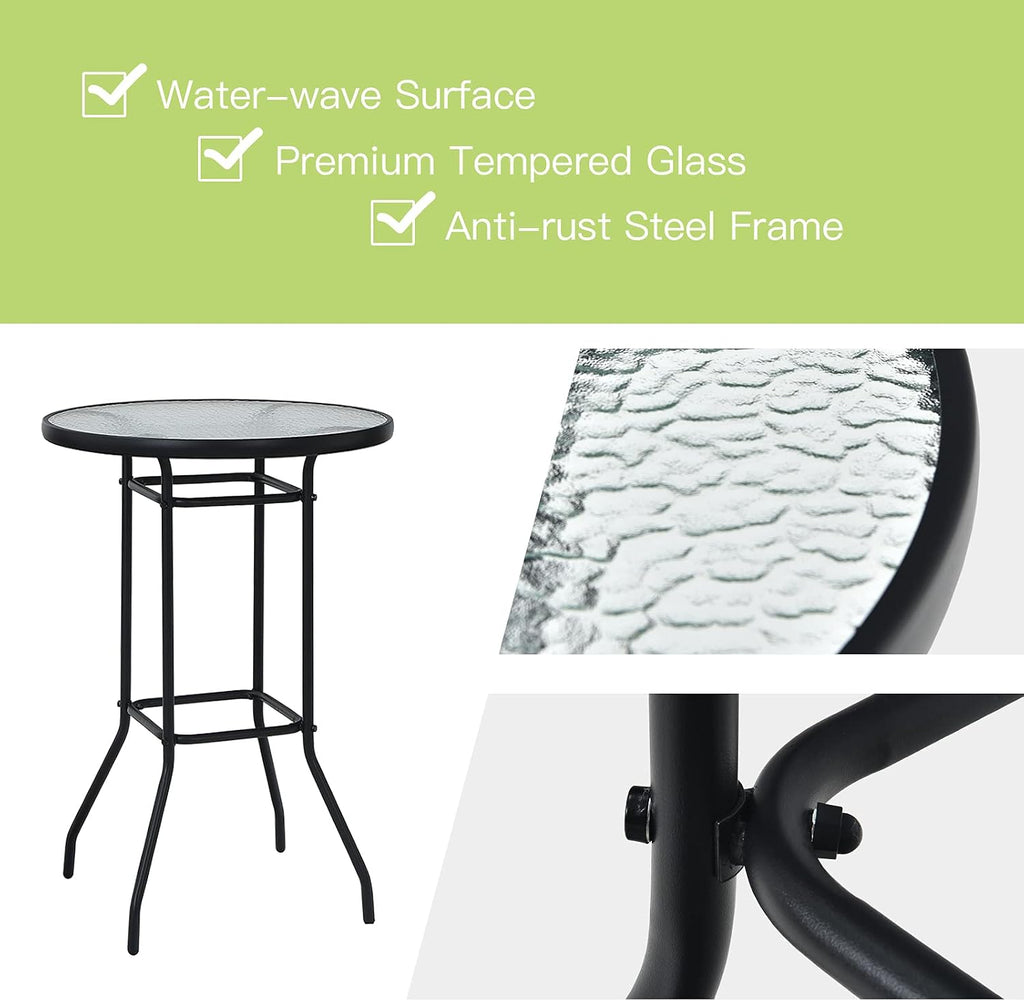 Tangkula 3 Pieces Outdoor Patio Bar Set, Outdoor Bistro Set with 2 Bar Stools and 1 Tempered Glass Bar Table, Bar Height Patio Table and Stools Set for Backyard, Garden, Lawn (Black)