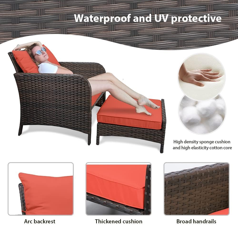 LEVELEVE Balcony Furniture 5 Piece Patio Conversation Set, PE Wicker Rattan Outdoor Lounge Chairs with Soft Cushions 2 Ottoman&Glass Table for Porch, Lawn-Brown Wicker