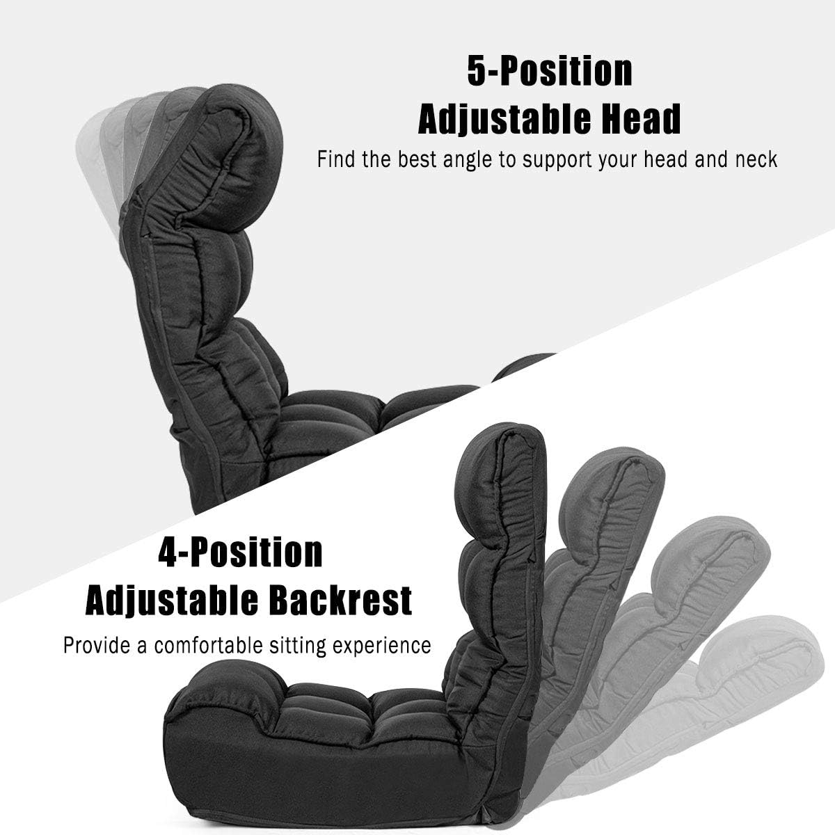 Giantex Gaming Chair Floor, Floor Chairs for Adults with 4-Position Adjustable Back, 6-Position Adjustable Headrest, Side Pocket, No Assembly Required, Banana Chair, Folding Floor Gaming Chair, Black