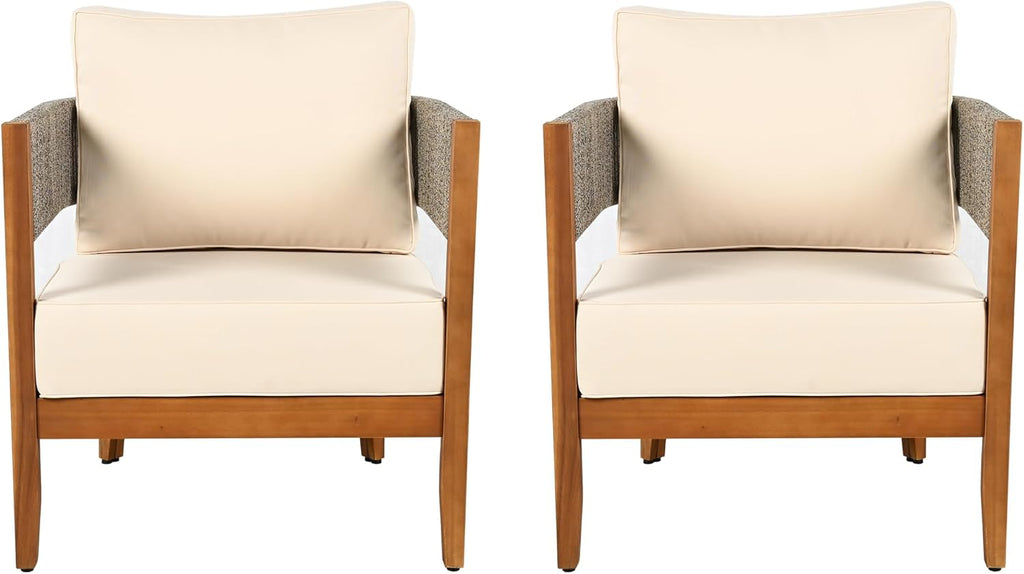 Christopher Knight Home Rekker Acacia Wood Outdoor Club Chair Set of 2, Patio Accent Chair with Removable Cushion, Patio Furniture Set Comfy Reading Chair, Wooden Single Lounge Sofa Set, Teak+Beige
