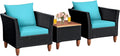 Tangkula 3 Piece Patio Furniture Set, Patiojoy Outdoor Wicker Rattan Bistro Sofa Set w/Washable Cushion, Acacia Wood Top Coffee Table, Conversation Set w/Adjustable Feet for Balcony Backyard Porch
